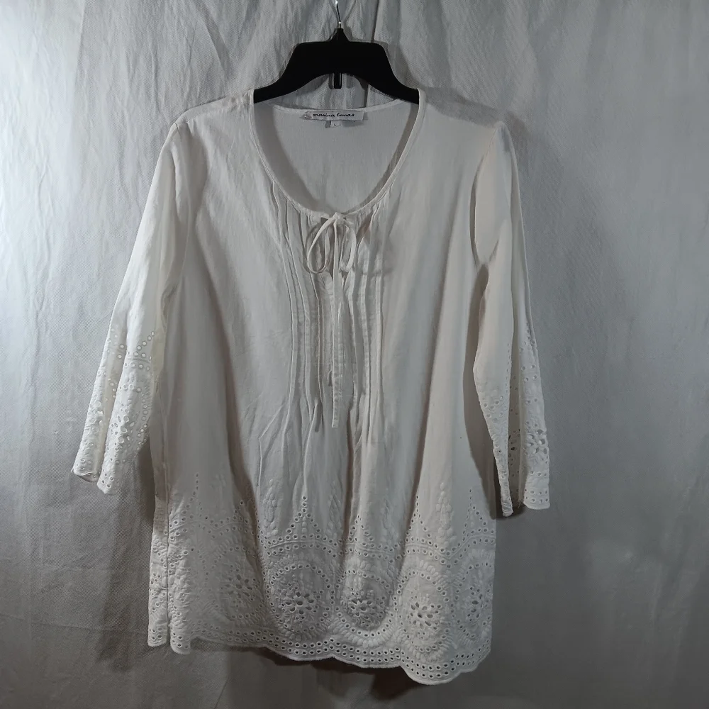 Marina Luna Womens Large Top White Linen Blend Tunic Eyelet Trim Beach Blouse
